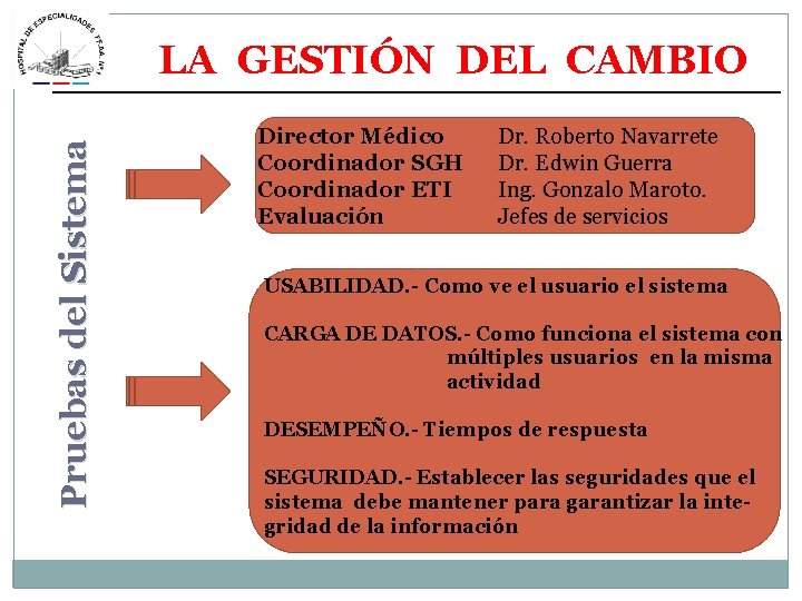 Pruebas del Sistema LA GESTIÓN DEL CAMBIO Director Médico Coordinador SGH Coordinador ETI Evaluación