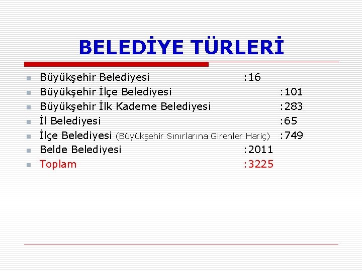 BELEDİYE TÜRLERİ n n n n Büyükşehir Belediyesi : 16 Büyükşehir İlçe Belediyesi Büyükşehir