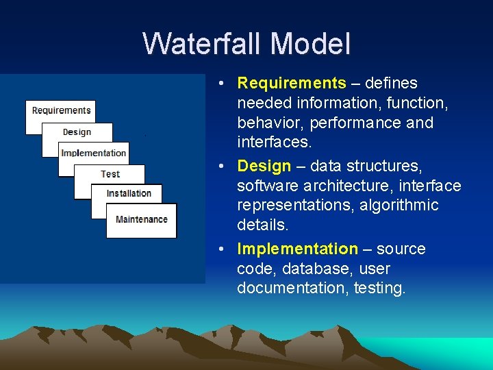 Waterfall Model • Requirements – defines needed information, function, behavior, performance and interfaces. •