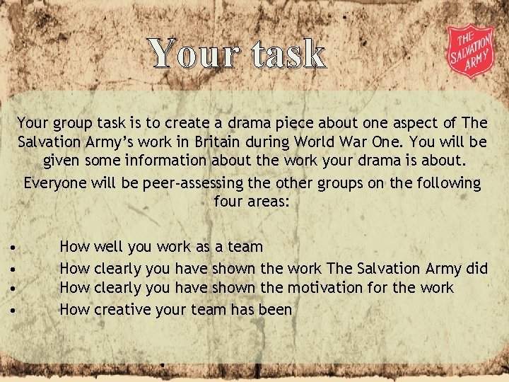 Your task Your group task is to create a drama piece about one aspect