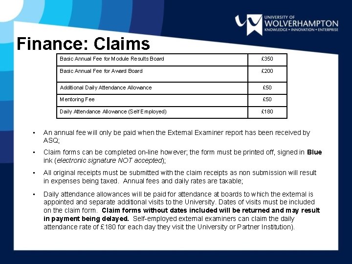 Finance: Claims Basic Annual Fee for Module Results Board £ 350 Basic Annual Fee