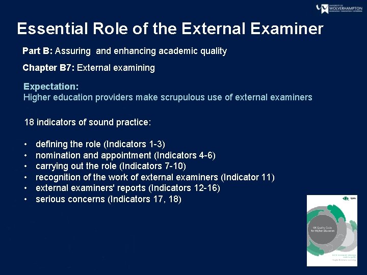 Essential Role of the External Examiner Part B: Assuring and enhancing academic quality Chapter