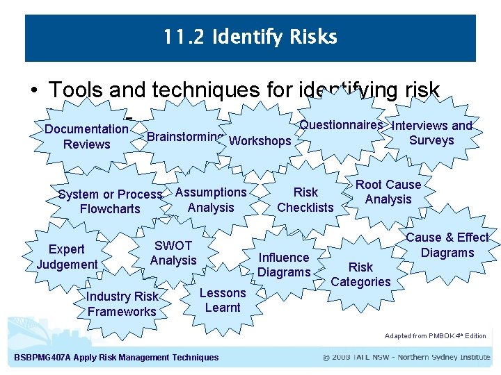 11. 2 Identify Risks • Tools and techniques for identifying risk include Questionnaires Interviews