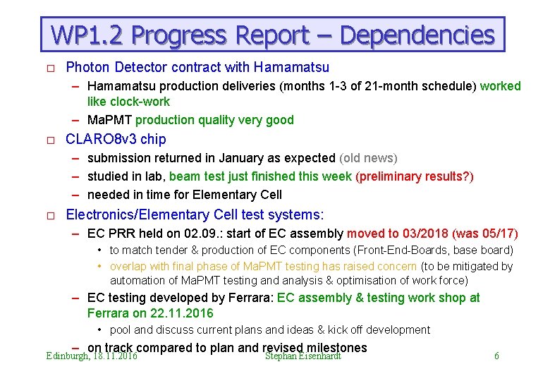 WP 1. 2 Progress Report – Dependencies o Photon Detector contract with Hamamatsu –