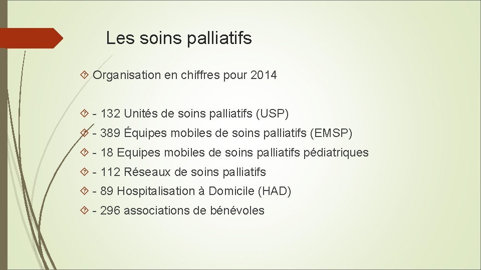 Les soins palliatifs Organisation en chiffres pour 2014 - 132 Unités de soins palliatifs