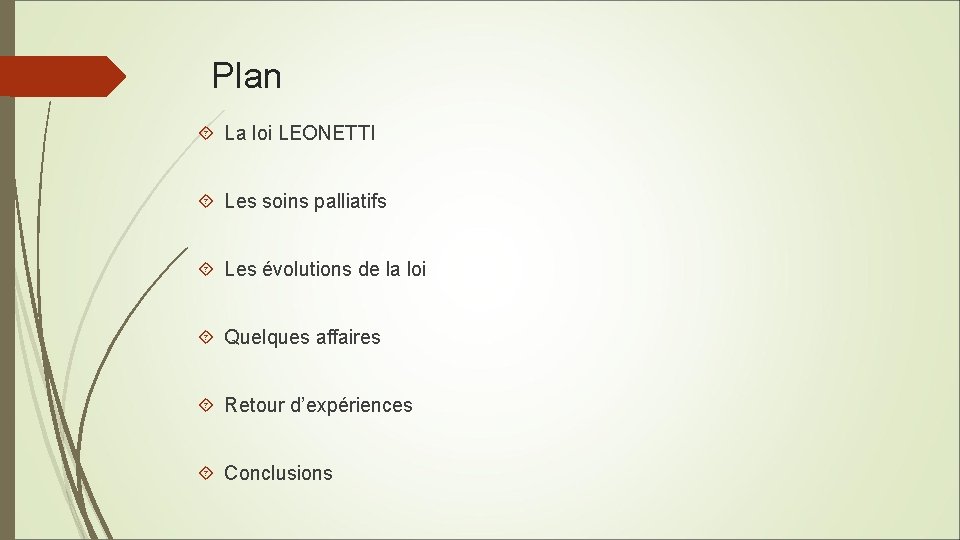 Plan La loi LEONETTI Les soins palliatifs Les évolutions de la loi Quelques affaires