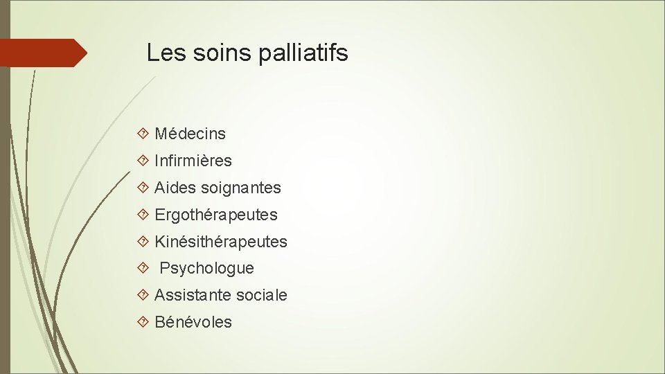 Les soins palliatifs Médecins Infirmières Aides soignantes Ergothérapeutes Kinésithérapeutes Psychologue Assistante sociale Bénévoles 