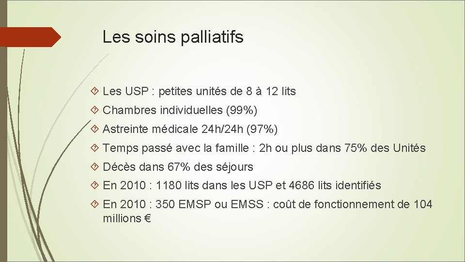 Les soins palliatifs Les USP : petites unités de 8 à 12 lits Chambres