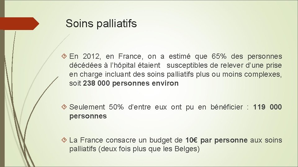 Soins palliatifs En 2012, en France, on a estimé que 65% des personnes décédées
