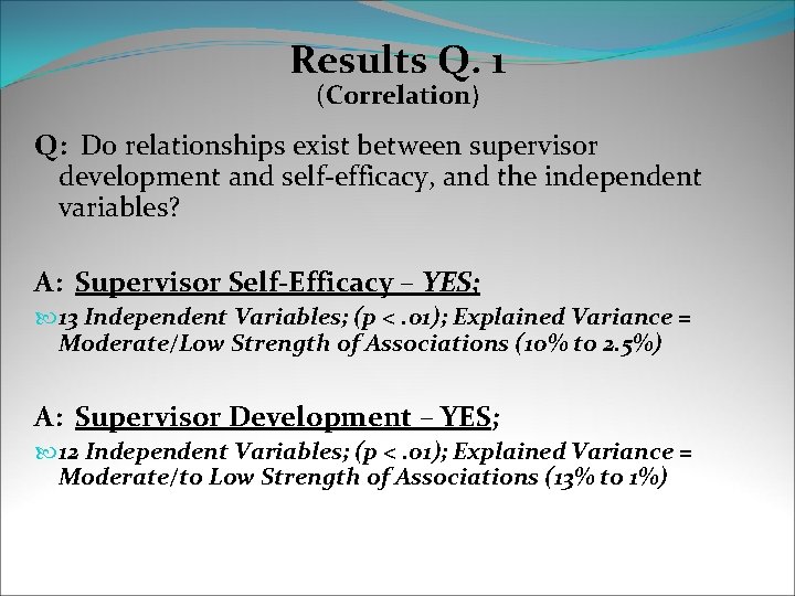 Results Q. 1 (Correlation) Q: Do relationships exist between supervisor development and self-efficacy, and