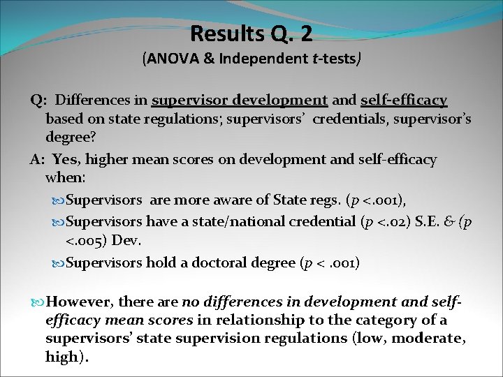 Results Q. 2 (ANOVA & Independent t-tests) Q: Differences in supervisor development and self-efficacy