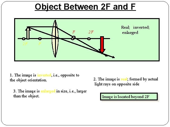 Object Between 2 F and F F 2 F 2 F Real; inverted; enlarged