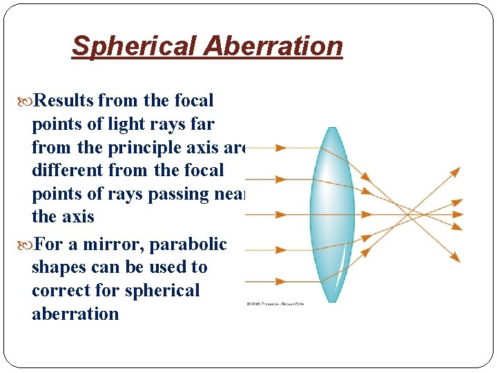 Spherical Aberration Results from the focal points of light rays far from the principle