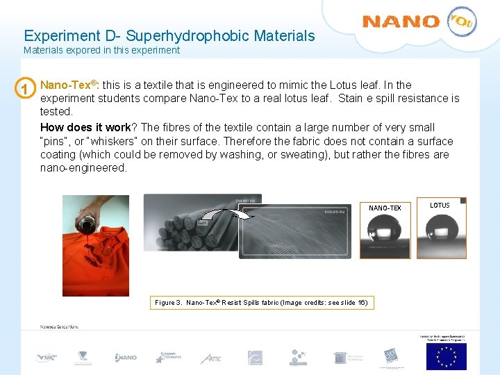 Experiment D- Superhydrophobic Materials expored in this experiment 1 Nano-Tex®: this is a textile Experiment D- Superhydrophobic Materials expored in this experiment 1 Nano-Tex®: this is a textile