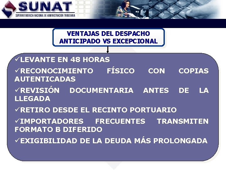 VENTAJAS DEL DESPACHO ANTICIPADO VS EXCEPCIONAL üLEVANTE EN 48 HORAS üRECONOCIMIENTO AUTENTICADAS FÍSICO üREVISIÓN