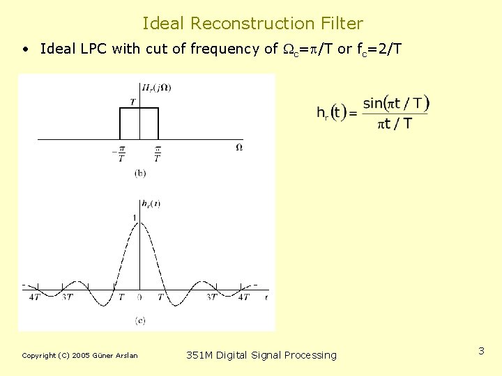 Ideal Reconstruction Filter • Ideal LPC with cut of frequency of c= /T or