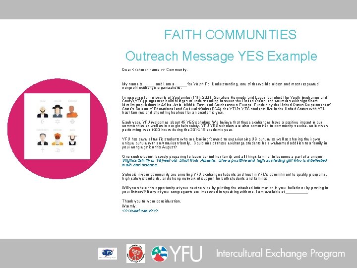 FAITH COMMUNITIES Outreach Message YES Example Dear <<church name >> Community, My name is