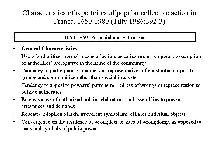 Characteristics of repertoires of popular collective action in France, 1650 -1980 (Tilly 1986: 392