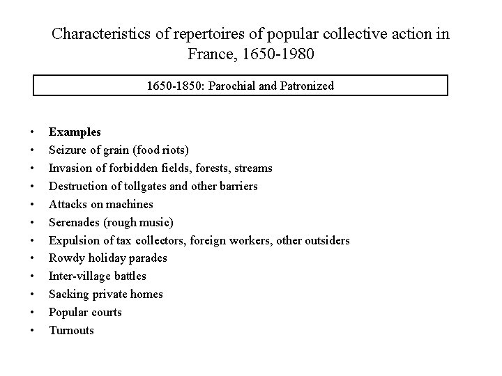 Characteristics of repertoires of popular collective action in France, 1650 -1980 1650 -1850: Parochial