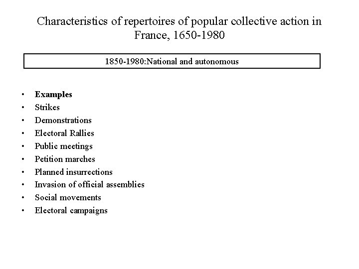 Characteristics of repertoires of popular collective action in France, 1650 -1980 1850 -1980: National