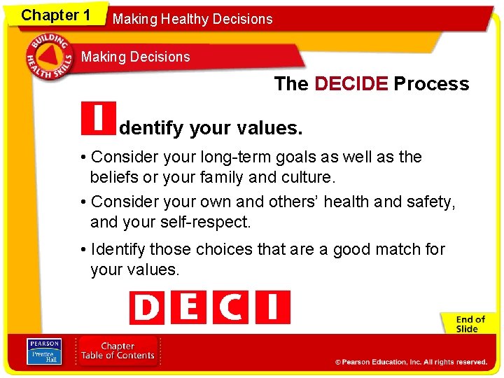 Chapter 1 Making Healthy Decisions Making Decisions The DECIDE Process dentify your values. •