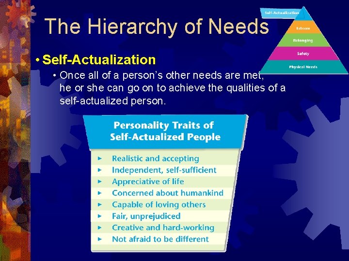 The Hierarchy of Needs • Self-Actualization • Once all of a person’s other needs