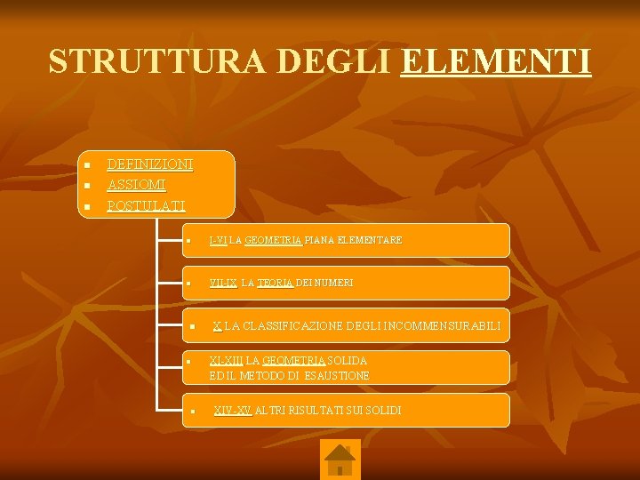 STRUTTURA DEGLI ELEMENTI n n n DEFINIZIONI ASSIOMI POSTULATI n I-VI LA GEOMETRIA PIANA