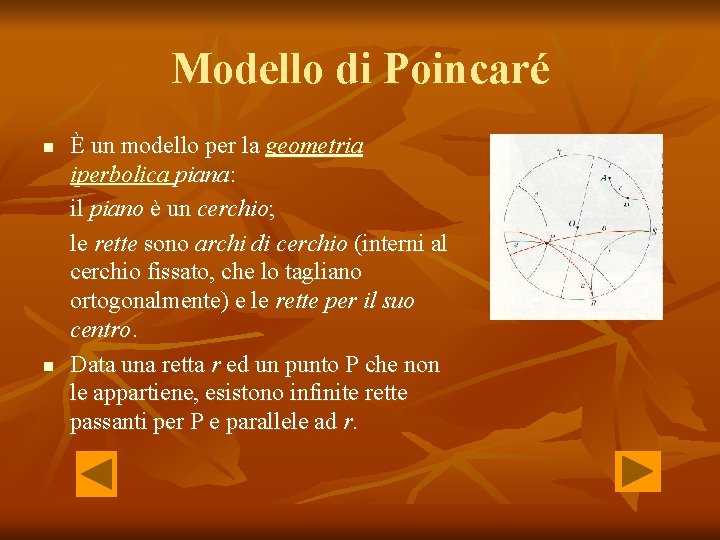 Modello di Poincaré n n È un modello per la geometria iperbolica piana: il