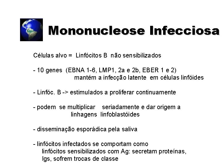 Mononucleose Infecciosa Células alvo = Linfócitos B não sensibilizados - 10 genes (EBNA 1