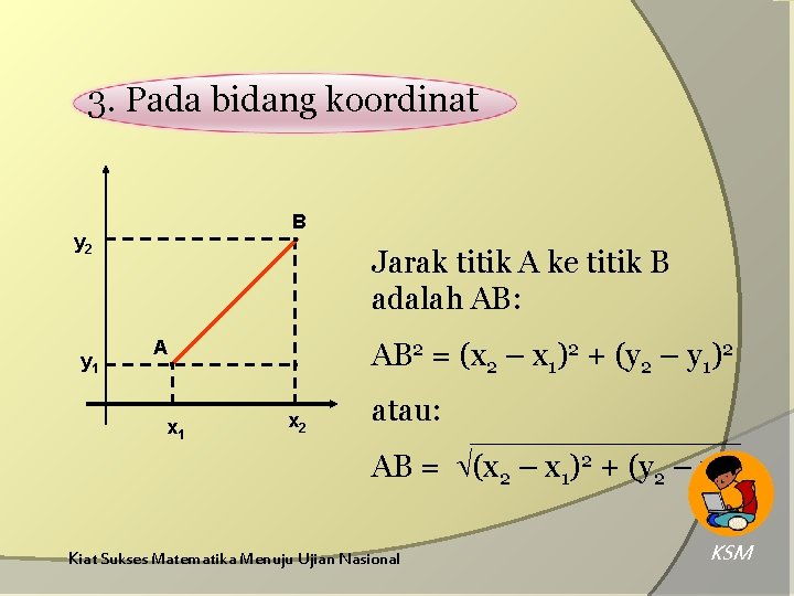 3. Pada bidang koordinat B ▪ y 2 y 1 A AB 2 = 3. Pada bidang koordinat B ▪ y 2 y 1 A AB 2 =