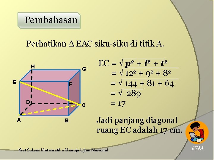 Pembahasan Perhatikan ∆ EAC siku-siku di titik A. H G E F D A Pembahasan Perhatikan ∆ EAC siku-siku di titik A. H G E F D A