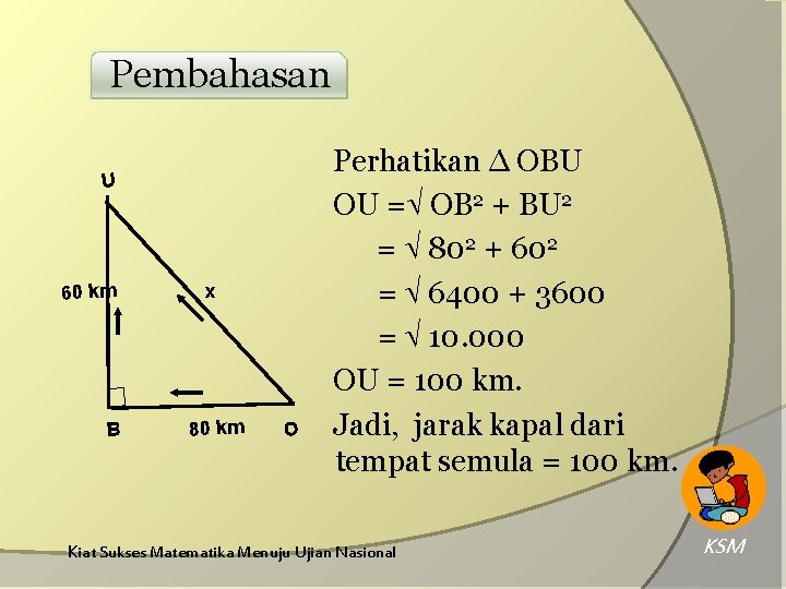 Pembahasan U 60 km B x 80 km O Perhatikan ∆ OBU OU = Pembahasan U 60 km B x 80 km O Perhatikan ∆ OBU OU =