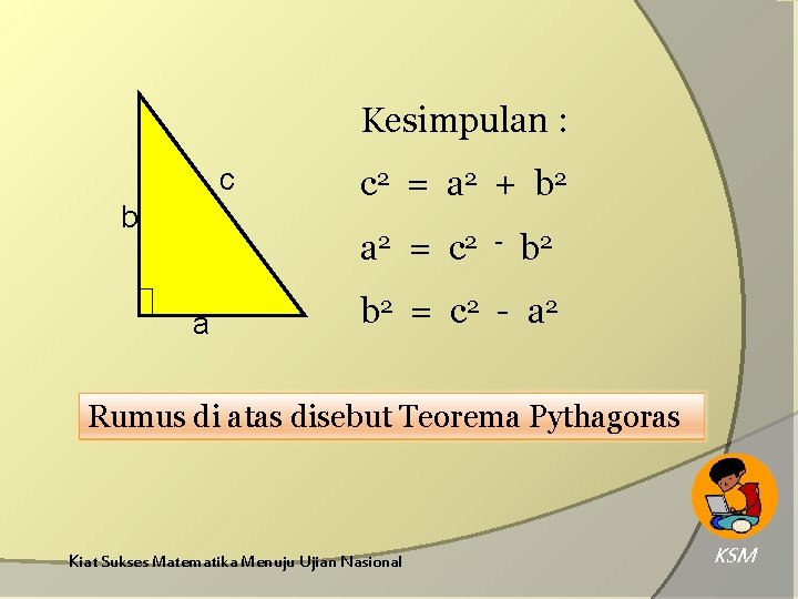 Kesimpulan : c b c 2 = a 2 + b 2 a 2 Kesimpulan : c b c 2 = a 2 + b 2 a 2