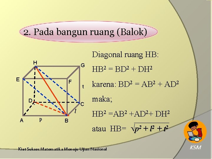 2. Pada bangun ruang (Balok) Diagonal ruang HB: H G E F t D 2. Pada bangun ruang (Balok) Diagonal ruang HB: H G E F t D