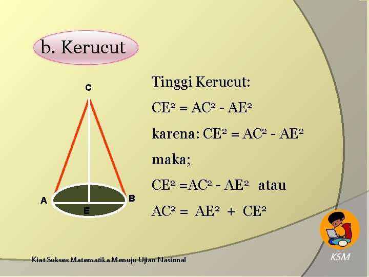 b. Kerucut Tinggi Kerucut: C CE 2 = AC 2 - AE 2 karena: b. Kerucut Tinggi Kerucut: C CE 2 = AC 2 - AE 2 karena: