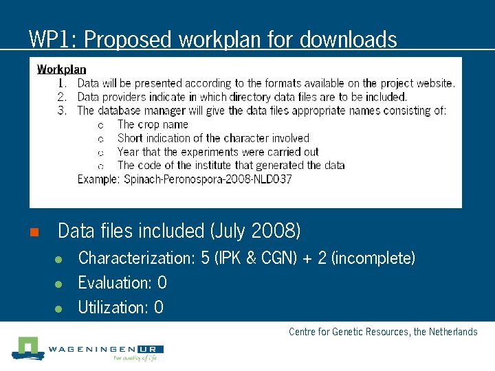 WP 1: Proposed workplan for downloads n Data files included (July 2008) l l