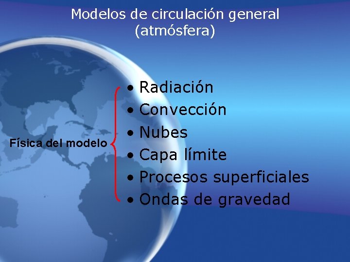 Modelos de circulación general (atmósfera) Física del modelo • Radiación • Convección • Nubes Modelos de circulación general (atmósfera) Física del modelo • Radiación • Convección • Nubes