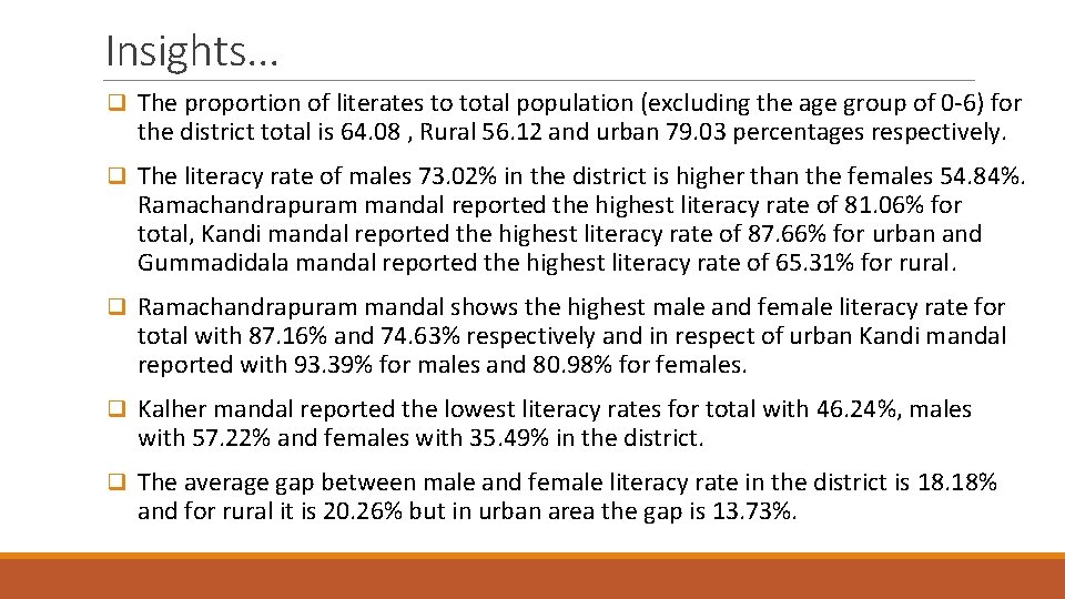 Insights. . . q The proportion of literates to total population (excluding the age Insights. . . q The proportion of literates to total population (excluding the age