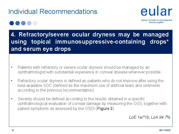 Individual Recommendations 4. Refractory/severe ocular dryness may be managed using topical immunosuppressive-containing drops* and