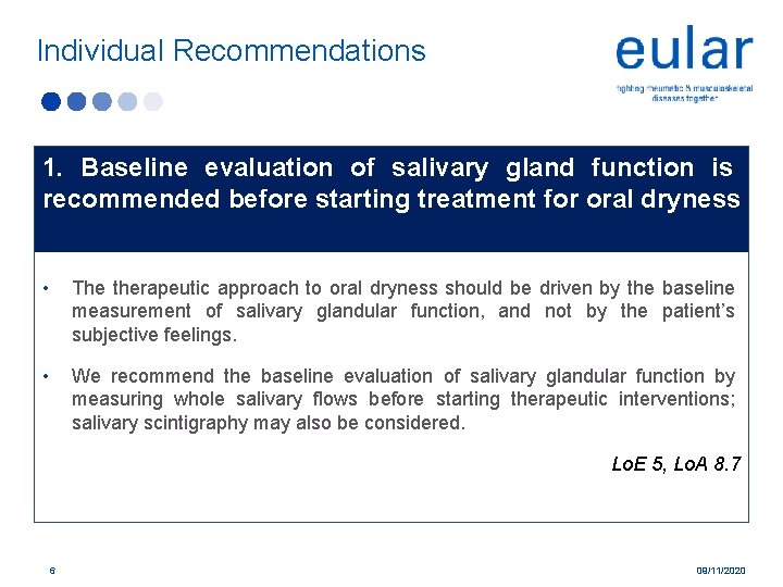 Individual Recommendations 1. Baseline evaluation of salivary gland function is recommended before starting treatment