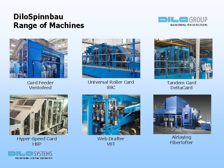 Dilo. Spinnbau Range of Machines Card Feeder Ventofeed Hyper-Speed Card HSP Universal Roller Card