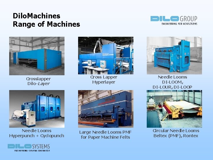 Dilo. Machines Range of Machines Crosslapper Dilo-Layer Needle Looms Hyperpunch + Cyclopunch Cross Lapper