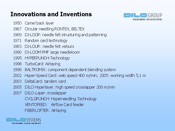 Innovations and Inventions 1950 Camel back layer 1967 Circular needling RONTEX, BELTEX 1969 1971