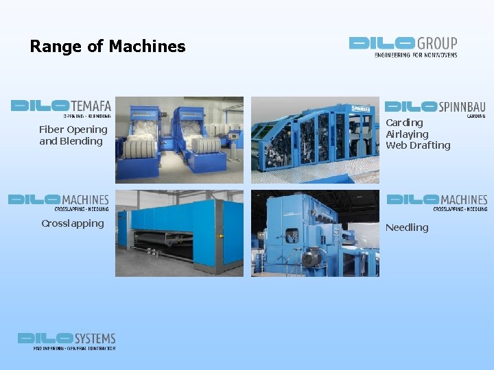 Range of Machines Fiber Opening and Blending Carding Airlaying Web Drafting Crosslapping Needling 