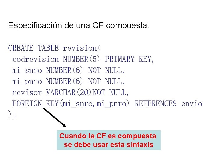 Especificación de una CF compuesta: CREATE TABLE revision( codrevision NUMBER(5) PRIMARY KEY, mi_snro NUMBER(6)