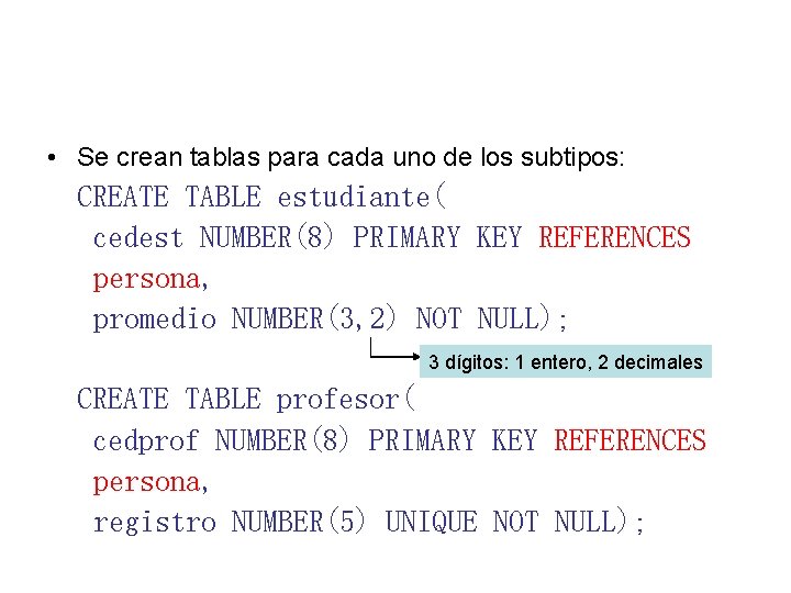  • Se crean tablas para cada uno de los subtipos: CREATE TABLE estudiante(