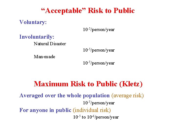 “Acceptable” Risk to Public Voluntary: 10 -5/person/year Involuntarily: Natural Disaster 10 -5/person/year Man-made 10