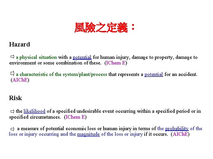 風險之定義： Hazard a physical situation with a potential for human injury, damage to property,