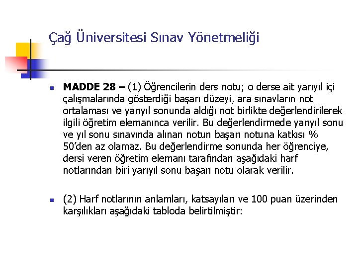 Çağ Üniversitesi Sınav Yönetmeliği n MADDE 28 – (1) Öğrencilerin ders notu; o derse