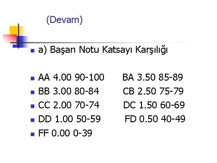  (Devam) n n n a) Başarı Notu Katsayı Karşılığı AA 4. 00 90